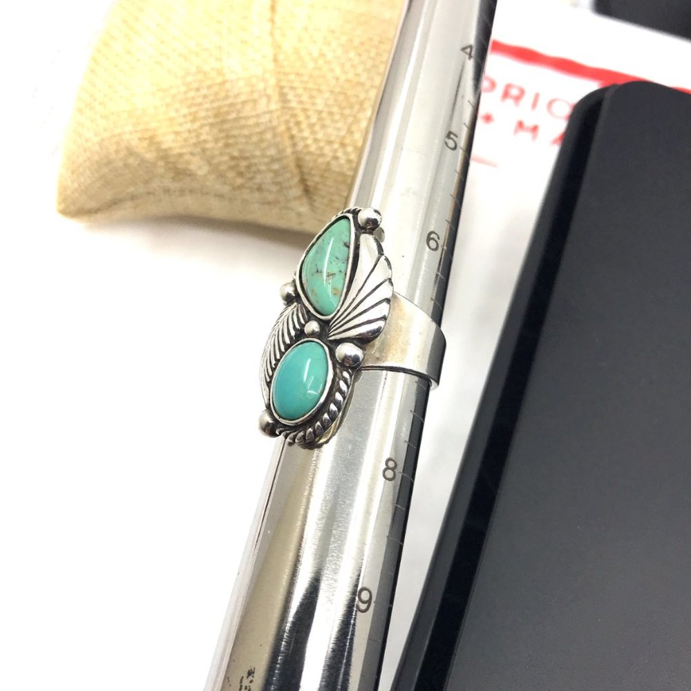 Vintage Navajo Sterling Silver Southwest Double Turquoise Stone Ring Size 7 - Picture 2 of 5